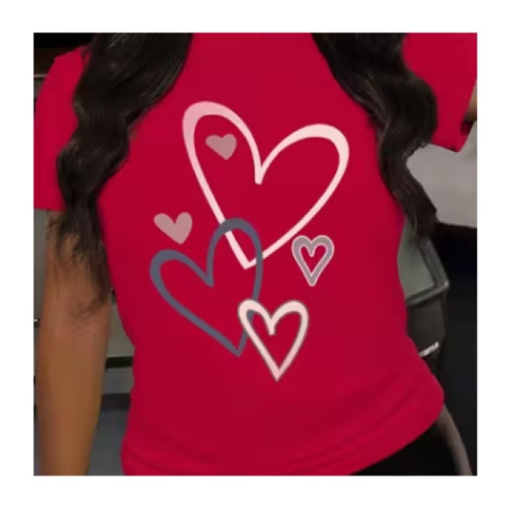 WOMENS SHORT SLEEVE TEE VALENTINES DAY HEART PRINT LOOSE ROUND NECK SUMMER TOP S